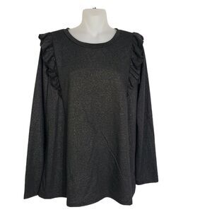 Flamingo Urban Womens Top Size Large Ruffles Black Shimmer Pullover Long Sleeve